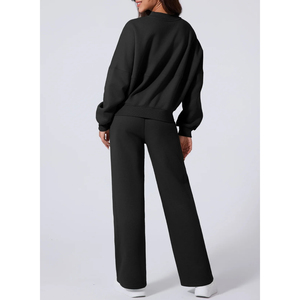 Ensemble de survêtement noir pour femme, sweat à capuche zippé, pantalon large, coupe décontractée, couleur unie, respirant, en polyester, pour l'automne - Product Image 3