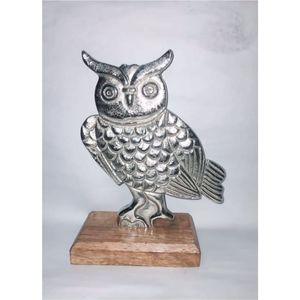 Sculpture d'hibou en métal argenté artisanal sur support en bois, statue d'animal décorative en gros pour la décoration intérieure de luxe - Product Image 1