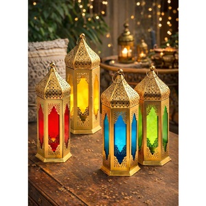 Traditional Style Moroccan Hexagon Metal Lantern <b>Red</b> Glass Panel <b>Candle</b> Holder Home Decoration Durable Design - Product Image 3