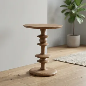 Mesa Auxiliar Moderna de Madera Maciza con Base Escultural Tallada a Mano, Mesa Redonda Decorativa para Sala de Estar o Dormitorio - Product Image 2