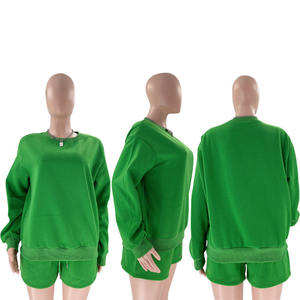 Sweat-shirt à col rond en coton biologique pour femmes, coton de haute qualité, ensemble deux pièces pour femmes, short et pantalon pour femmes - Product Image 2