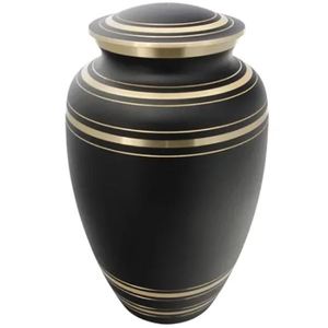 Urna Funeraria de Latón Gris Oscuro, Recipiente Conmemorativo Ovalado para Cenizas con Bandas Doradas - Artesanía India - Product Image 1