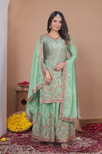 Pista Green Chinon Sharara Suit Sequence Embroidery v Neck <b>Top</b> Elastic Waist Bottom Dupatta Elegant <b>Party</b> Wear Women Quick Dry - Product Image 1