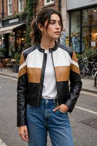 Blouson de motard en cuir véritable pour femme, col montant, fermeture éclair, style color block, court - Product Image 4