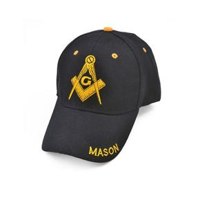 Gorra de Béisbol Bordada Masónica Negra de 6 Paneles con Brújula y Logotipo Cuadrado, Texto Masónico en el Borde, Unisex, Uso Casual - Product Image 1