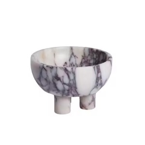 Bol vintage en marbre sur pied, plateau à fruits en pierre naturelle veinée violette, centre de table décoratif pour salon et hôtel - Product Image 1