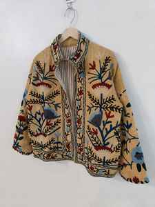 Veste bomber classique artisanale bohème Suzani, broderie florale à la main, réversible, écologique, courte, unisexe, hiver - Product Image 2