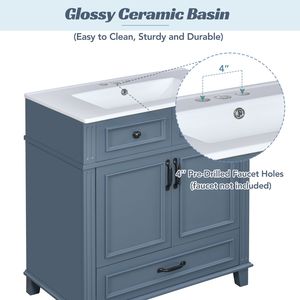 Meuble-lavabo de salle de bain de style rétro de 30 pouces avec portes à fermeture douce, cadre en bois massif et lavabo en céramique, armoire de rangement bleue - Product Image 5