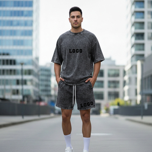 Ensemble T-shirt et short oversize délavé pour homme, col rond, coton, style décontracté d'été, imprimé logo, streetwear - Product Image 4