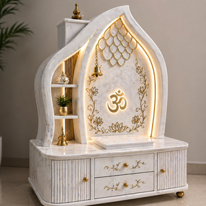 Mandir de Pooja de Mármol Blanco Ecológico Hecho a Mano de Primera Calidad para el Hogar |   Templo de Lujo Iluminado con LED, Diseño de Loto OM con Incrustaciones de Oro - Product Image 5