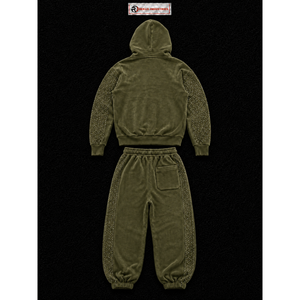 Ensemble de survêtement en velours olive pour femme, sweat à capuche zippé et pantalon large, deux pièces, avec strass, style décontracté streetwear, jogging - Product Image 6