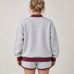 Women's Light Heather Grey Contrast Polka Trim Mock Neck 2-Piece <b>Shorts</b> <b>Set</b> Custom Casual Sportswear - Product Image 2