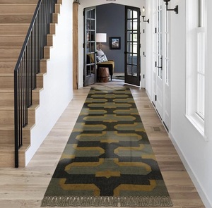 Handmade Kilim Wool Low Pile <b>Runner</b> <b>Rug</b> Geometric Tribal Boho Hallway <b>Rug</b> Dark Olive Mustard Narrow Rustic Floor - Product Image 1