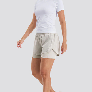 Nouveaux shorts bermuda taille haute pour femmes, double couche, pour fitness et yoga, avec poches, en tricot uni, spandex et polyester - Product Image 3