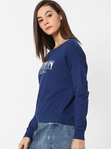 Sweat-shirt à col rond bleu marine pour femme, manches longues, imprimé lettres, haut décontracté, respirant, en coton tricoté, pour l'automne - Product Image 5
