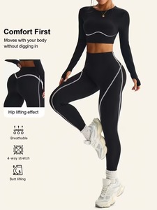 Seamless 2 Piece Gym Outfits Women Contrast Piping Long Sleeve Crop Top with High Waisted Lift <b>Workout</b> Leggings Activewear Set - Product Image 6