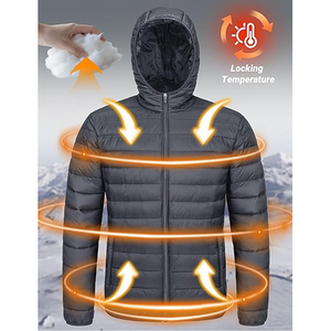Men's Hooded Puffer <b>Jacket</b> Windproof Zipper Closure Polyester Winter Coat Casual Style Regular Fit Solid Color - Product Image 3