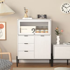 Credenza in Legno 85 cm x 40 cm con 3 Cassetti e 1 Anta in Vetro per Cucina, Sala da Pranzo o Corridoio - Product Image 6
