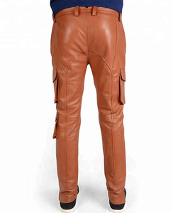 <b>Men's</b> <b>Brown</b> PU Leather <b>Cargo</b> Pants With Multiple Pockets Lace-up Front Elastic Waist Workwear Style Autumn Wear - Product Image 3