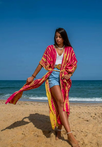 Handmade Tie-Dye Eco-Friendly Women's Long Kimono Boho Floral Cover-<b>Up</b> Half Sleeves Casual <b>Open</b>-Front Clothing Natural Waistline - Product Image 6