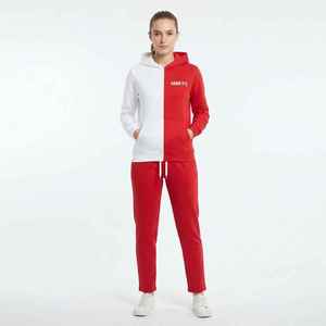 Conjunto Deportivo de Felpa con Capucha para Mujer Hawk Rye, Diseño Color Block Rojo y Blanco, Largo, Informal, de 2 Piezas y Manga Larga - Product Image 1