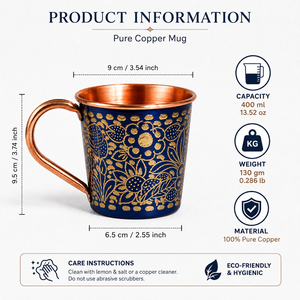 Taza de Cobre Puro Hecha a Mano con Diseño Floral de Esmalte Azul, 400 ml, Taza Ayurvédica para Beber, Taza de Cobre Martillado para Agua, Café, Té - Product Image 5
