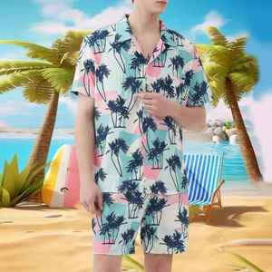 Ensemble chemise et short pour homme à imprimé palmiers tropicaux, respirant, décontracté, tenue d'été deux pièces, fournisseur en gros - Product Image 5