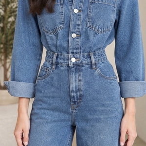 Womens Denim Overalls High Waist Wide Leg Button Front Loose Fit Casual Spring Style Stonewashed Cotton <b>Jumpsuit</b> - Product Image 4