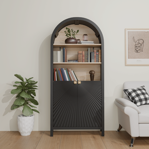 Libreria a 5 ripiani in stile Mid-Century Modern con anta, alta 61 pollici, armadietti ad arco, libreria nera con spazio contenitivo - Product Image 1