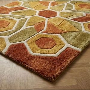 Hand Tufted Wool <b>Rug</b> with Hexagon Motifs in Rust <b>Mustard</b> and Olive for Home Decor - Product Image 3
