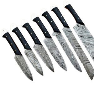 Juego de 7 Cuchillos de Chef de Acero de Damasco Hechos a Mano con Mangos Negros, Profesionales para Cocina, Corte, Rebanado y Picado - Product Image 4