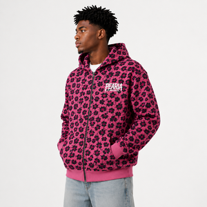 Sweat à capuche zippé pour homme, rose et noir à motifs floraux, 100% coton, coupe oversize, style vintage, streetwear, impression DTG personnalisée - Product Image 3