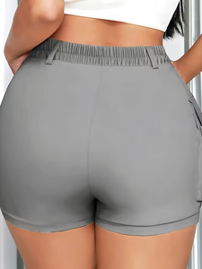 High Waist Gray Cargo Shorts With Pockets Button Fly Casual Women's Shorts Solid Color Canvas Fabric Breathable Fit - Product Image 4