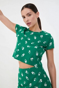 T-shirt tricoté asymétrique à manches courtes et col rond pour femme, imprimé floral, vêtements décontractés printemps-été - Product Image 1