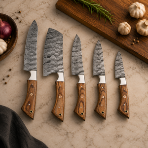 Ensemble de couteaux de chef en acier Damas sur mesure, 5 pièces, couteaux de cuisine professionnels avec manches en bois d'olivier, usine OEM ODM - Product Image 4