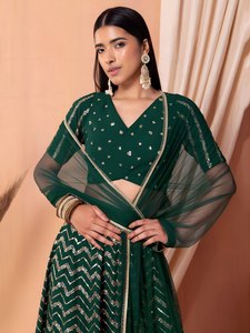 <b>Emerald</b> Green Sequined Chiffon Lehenga Choli V-Neck Sheer Dupatta A-Line Maxi <b>Dress</b> Floral Print Built-in Bra for Evening Wear - Product Image 1