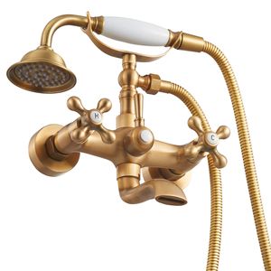 Rubinetto Moderno da Parete per Vasca da Bagno con Doccetta e Finitura Oro Spazzolato Vintage per Vasca con Piedini a Zampa di Leopardo - Product Image 1