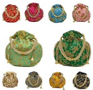 Indian Handmade Women's Embroidered Clutch Purse, Pouch, Drawstring <b>Bag</b>/, Wedding Favor/Return Gift For Guests Free Fas - Product Image 5