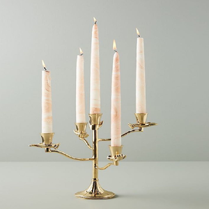 Antique brass three arm <b>candelabra</b> featuring unique shaped candle holders, available at wholesale prices. - Product Image 2