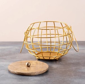 Gold Metal <b>Wire</b> Fruit <b>Basket</b> with Wooden Lid | Decorative Storage Fruit Bowl | Modern Kitchen Organizer - Product Image 1