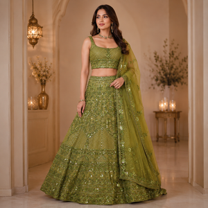 Women Olive Green Embroidered Lehenga Choli Set <b>Sequin</b> Bridal Wedding Dress with Dupatta Traditional Indian Party Ceremony - Product Image 2
