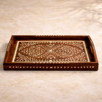 Plateau de service rectangulaire multi-pièces en bois d'acacia fait main, incrustation d'os, motif floral, style moderne du milieu du siècle, pour table à manger décorative