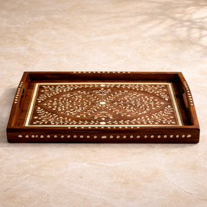 Handcrafted Acacia Wood Serving Tray Bone Inlay Floral Design Mid Century Modern Decorative <b>Coffee</b> <b>Table</b> Top Handles for Ramadan - Product Image 1