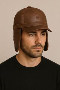 Casquette d'hiver isolante en cuir véritable pour homme avec cache-oreilles rabattables – Style baseball - Product Image 4