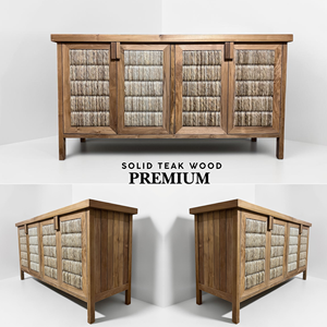 Solid Teak Wood Living Room <b>Cabinet</b> 4 Door Buffet Commercial Hotel Credenza with Loom for Luxury Resort Hospitality Project - Product Image 5