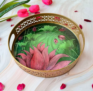Assiette décorative ronde en métal à double thème, avec motifs de lotus et emblème de l'arbre de vie, disponible à prix de gros. - Product Image 6