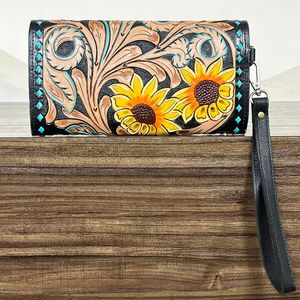 Portefeuille long à poignet pour femme en cuir véritable Western, fait main, motif tournesol, luxe, voyage, en cuir de vachette, avec plusieurs emplacements pour cartes et protection RFID - Product Image 5