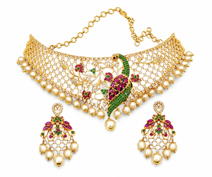 Parure de bijoux indiens en laiton, collier ras-du-cou et boucles d'oreilles paon, plaqué rhodium, zircon et perles, pour mariée, enfants et femmes, bijoux de mariage mignons - Product Image 3