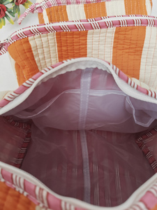 Orange White Stripe Block Printed Eco-Friendly Durable Cotton Zipper <b>Makeup</b> <b>Case</b> Indian Travel Cosmetic Organizer Kit - Product Image 5