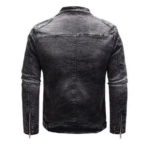 Veste en jean bleue pour homme, col montant, fermeture éclair, style décontracté, coupe ajustée, vêtement d'automne, doublure en coton - Product Image 3